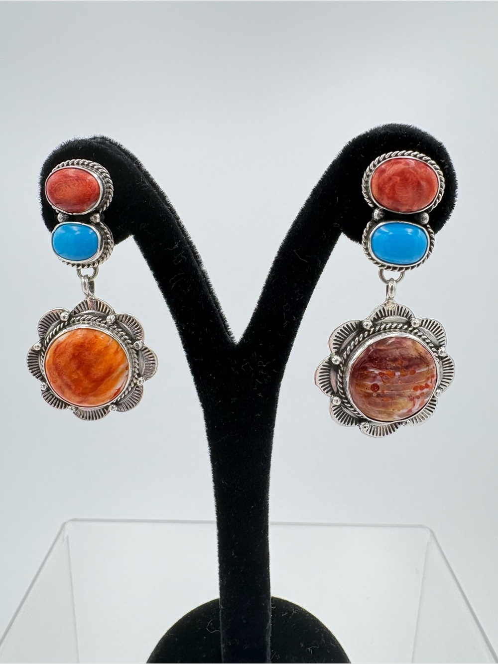Vintage Etta Endito Navajo 925 Silver Spiny Oyster Shell & Turquoise Earrings - Picture 9 of 10